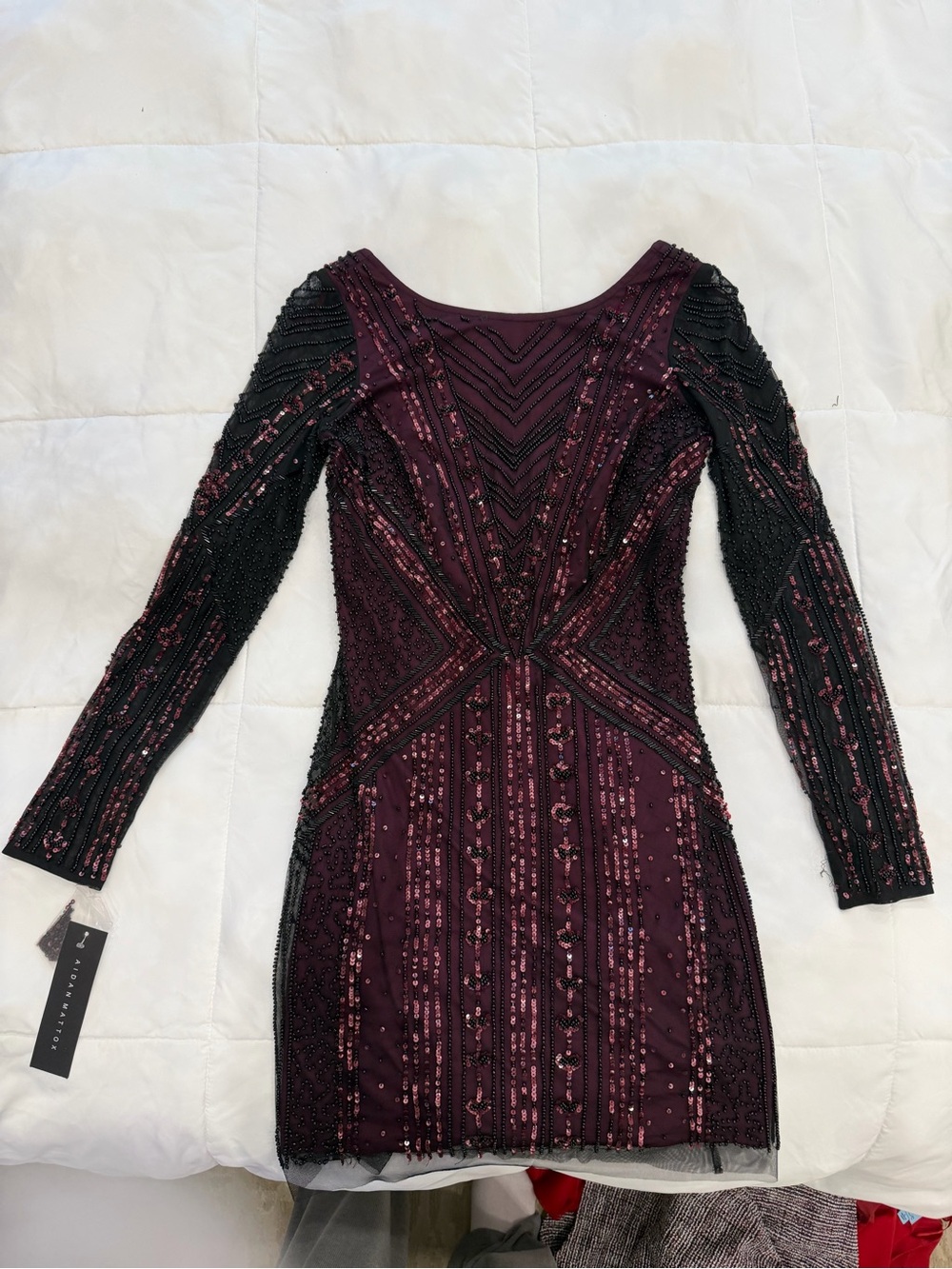 Aidan Mattox Long-Sleeve Beaded Cocktail Dress in Burgundy and Black